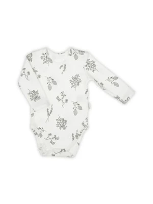 Bawełniane body niemowlęce z długim rękawem - ecru z motywem roslinnym Nicol