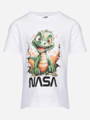 Biała Bawełniana Koszulka T-shirt z Nadrukiem Dinozaura Ugnalia