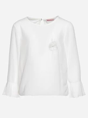 Biała Bluzka z Plisowanymi Rękawami i Broszką w Kształcie Kwiatu Henadea