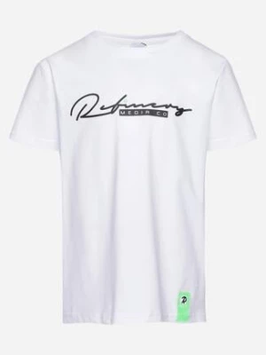 Biała Koszulka T-shirt z Napisem z Przodu z Elastycznej Bawełny Orgalia