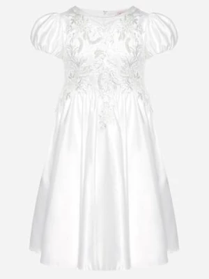 Biała Rozkloszowana Sukienka z Bufiastymi Rękawami Zdobiona Siateczką z Cekinami Tiamasi