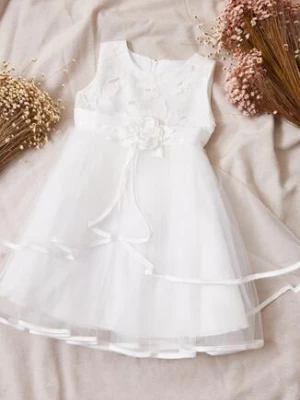 Biała Rozkloszowana Sukienka z Dekoracyjnym Kwiatem i Tiulem Tien