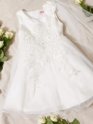 Biała Sukienka Balowa z Wiązaniem w Talii i Dekoracyjną Różą z Tiulem Alymena