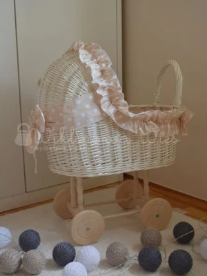 ﻿BIELONY  WÓZEK DLA LALEK "PREMIUM" - BEŻOWE GROSZKI