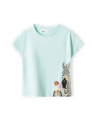 Błękitna koszulka bawełniana niemowlęca z nadrukiem żyrafy Minoti