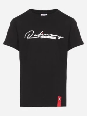 Czarna Koszulka T-shirt z Elastycznej Bawełny z Napisem Quxalia