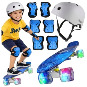Deskorolka fiszka LED 56cm ABEC-7 + kask 54-58 + ochraniacze 6w1 zestaw XXL