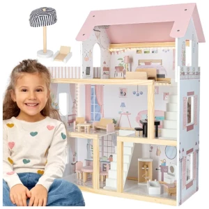 DREWNIANY DOMEK DLA LALEK DUŻY 78 CM RÓŻOWY MEBLE MEBELKI OŚWIETLENIE LED