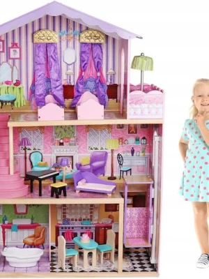 ﻿DREWNIANY ELEGANCKI DUŻY DOMEK DLA LALEK 110 cm Z WINDĄ + MEBLKI!!!