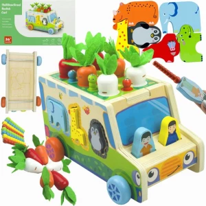 ﻿DREWNIANY SORTER KLOCKÓW MONTESSORII ZŁAP ROBACZKA SORTER AUTO Z WARZYWAMI