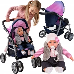 ﻿Duży wózek dla lalek DORIS składana spacerówka w zestawie lalka bobas 45cm