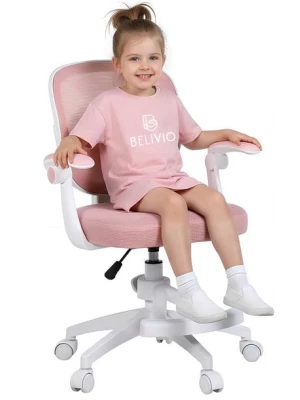 Fotel obrotowy dziecięcy TIAGO różowy z podnóżkiem do biurka regulacja 360
