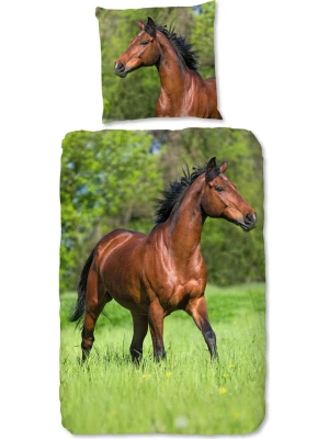 Good Morning Komplet pościeli "Running horse" w kolorze zielono-brązowym rozmiar: 135x200 cm