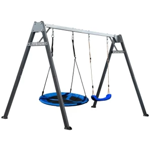 Huśtawka ogrodowa dla dzieci OCYNKOWANA z bocianim gniazdem i deską POTENZA