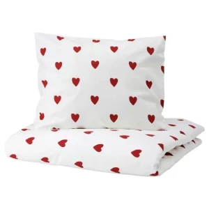 IKEA BARNDROM komplet pościeli 150x200/50x60 cm, biały czerwone serca