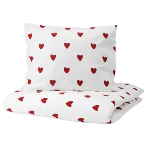 IKEA BARNDROM komplet pościeli 150x200/50x60 cm, biały czerwone serca