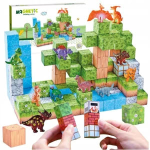 Klocki magnetyczne 3D kostki budowlane Dinozaury Pixele Zestaw 114 el.