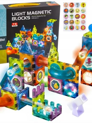 ﻿KLOCKI MAGNETYCZNE KONSTRUKCYJNE LABIRYNT UKŁADANKA ŚWIECĄCY TOR 75 el