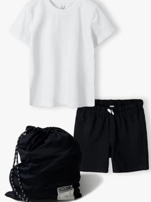 Komplet ubrań na gimnastykę - granatowe szorty + biały t-shirt + worek 5.10.15.