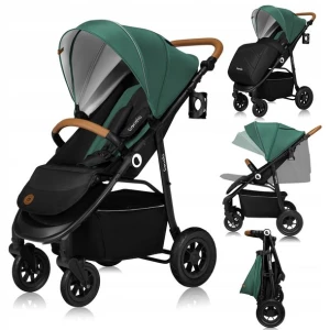 ﻿Lionelo NATT Wózek spacerowy lekki Spacerówka do 22kg pompowane koła Green