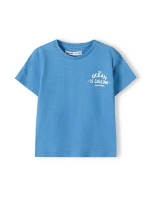 Niebieski t-shirt dla niemowlaka z bawełny z napisami Minoti