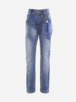 Niebieskie Jeansy Skinny z Przetarciami i Metalowym Łańcuszkiem Naephia