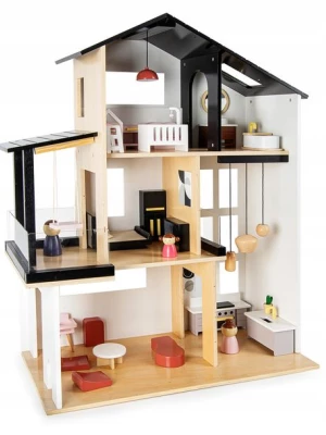 Nowoczesny Drewniany 3 poziom. Domek dla Lalek LOFT z Ogrodem Meblami Villa