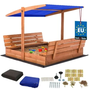 PIASKOWNICA DLA DZIECI DREWNIANA BRĄZ DASZEK NIEBIESKI IMPREGNOWANA 140X140