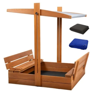 Piaskownica Drewniana z Daszkiem Impregnowana Zamykana 100x100cm z Ławkami