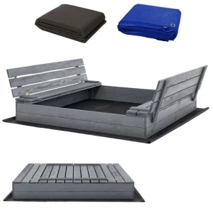 Piaskownica Zamykana Drewniana z Ławeczkami Impregnowana 140x140cm SZARA