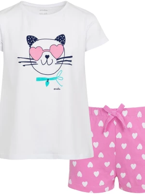 Piżama z krótkim rękawem dla dzieczynki, z kotem w okularach - sercach, biała, 2-8 lat Endo