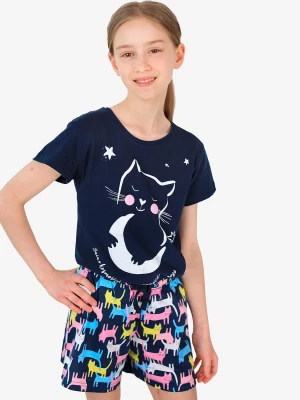 Piżama z krótkim rękawem dla dziewczynki, z kotem, granatowa 9-13 lat Endo