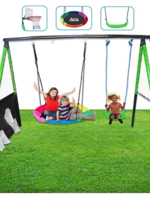 Podwójna Huśtawka Ogrodowa ze Stelażem Liny Bocianie Gniazdo Kosz