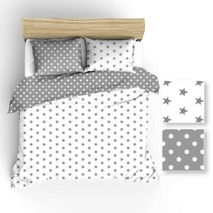 Pościel bawełniana 160x200 szara biała gwiazdki grochy