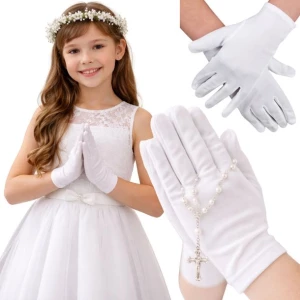 RĘKAWICZKI KOMUNIJNE NA KOMUNIĘ CIENKIE PIĘCIOPALCZASTE ŚNIEŻNOBIAŁE UNISEX