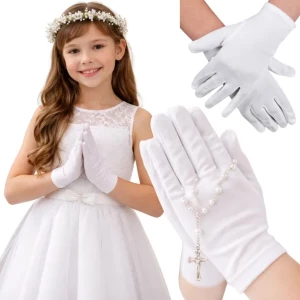 RĘKAWICZKI KOMUNIJNE NA KOMUNIĘ CIENKIE PIĘCIOPALCZASTE ŚNIEŻNOBIAŁE UNISEX