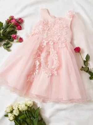 Różowa Balowa Sukienka Ozdobiona Różami Perełkami i Tiulem Namiko