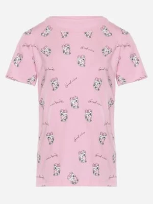 Różowa Koszulka T-shirt z Uroczym Nadrukiem z Elastycznej Bawełny Parieles
