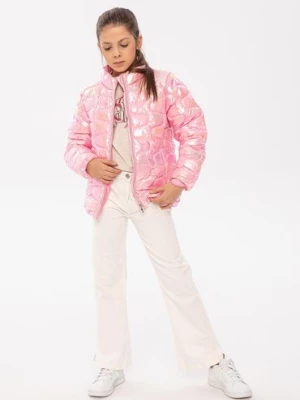 Różowa kurtka przejściowa pikowana ze stójką dziewczęca Minoti