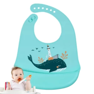 ŚLINIAK SILIKONOWY ŚLINIACZEK z Kieszonką TURKUSOWY z WIELORYBEM 24-32 cm