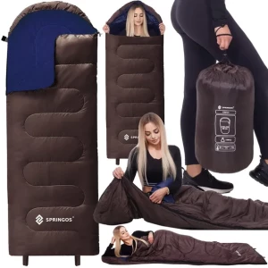 Śpiwór turystyczny z kapturem 2w1 220x80 cm ciepła kołdra kempingowa brązow