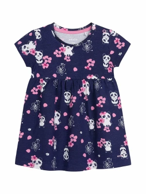 Sukienka z krótkim rękawem dla dziewczynki do 2 lat, deseń w pandy, granatowa Endo