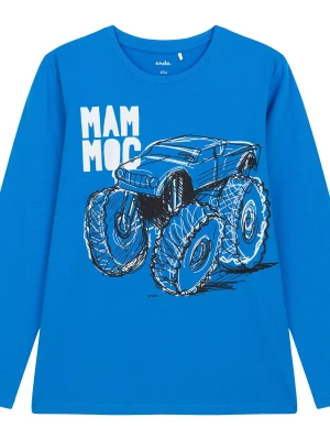 T-shirt z długim rękawem dla chłopca, z dużym autem i napisem mam moc, niebieski 9-13 lat Endo