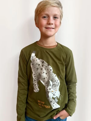 T-shirt z długim rękawem dla chłopca, z rysiem, ciemnozielony 4-8 lat Endo