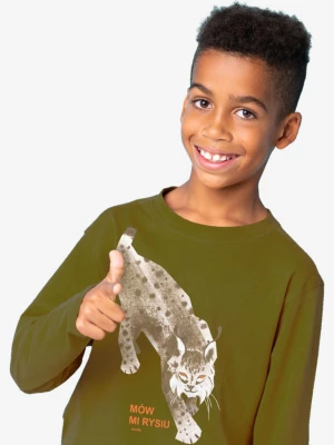 T-shirt z długim rękawem dla chłopca, z rysiem, ciemnozielony 9-13 lat Endo