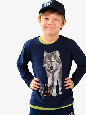 T-shirt z długim rękawem dla chłopca, z wilkiem, granatowy 3-8 lat Endo