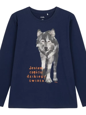 T-shirt z długim rękawem dla chłopca, z wilkiem, granatowy 9-13 lat Endo
