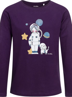 T-shirt z długim rękawem dla dziewczynki, z astronautą i kotem, fioletowy 3-8 lat Endo