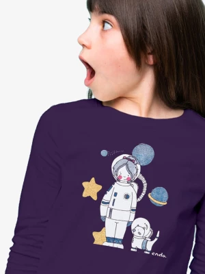 T-shirt z długim rękawem dla dziewczynki, z astronautą i kotem, fioletowy 9-13 lat Endo