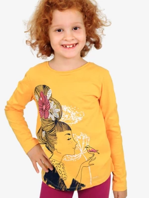 T-shirt z długim rękawem dla dziewczynki, z kobietą i ptaszkiem, żółty 9-13 lat Endo